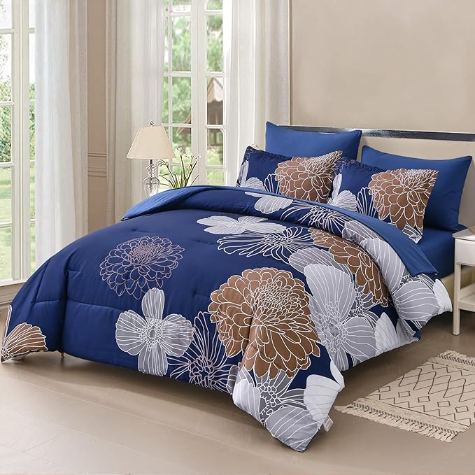 Yiran Navy Brown Comforter Set Queen Bed in a Bag 7 Pieces Floral Soft Microfiber Comforter Bedding Sets Bed Set with Comforter, Sheets, Pillowcases & Shams 90"×90"