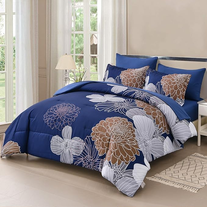 Yiran 7 Pieces Floral Comforter Bedding Sets Bed in a Bag Navy Brown Soft Microfiber Comforter Set with Comforter, Sheets, Pillowcases & Shams King Size 103"×90"