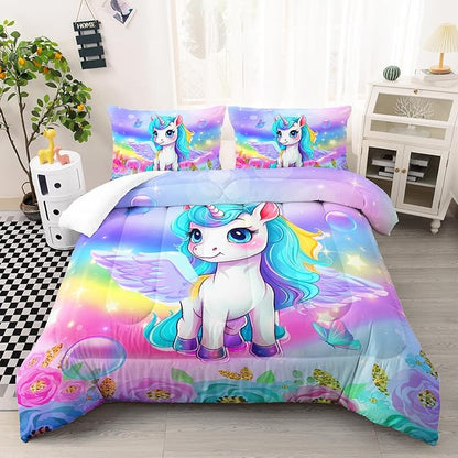 Kid Unicorn Comforter Set Twin/Full/Queen Size 3Pcs Butterfly Rainbow Flower Star Pattern Quilt Bedding Set for Boys Girls with 1 Comforter and 2 Pillowcases