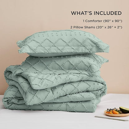 Bedsure Queen Comforter Set - Sage Green Comforter, Boho Tufted Shabby Chic Bedding Comforter Set, 3 Pieces Vintage Farmhouse Bed Set for All Seasons, Fluffy Soft Bedding Set with 2 Pillow Shams