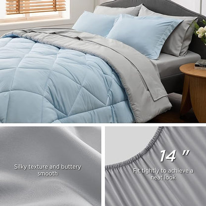 Bedsure Sky Blue Full Size Comforter Set - 7 Pieces Reversible Full Bed in a Bag Full Bed Set with Comforters, Sheets, Pillowcases & Shams, Full Bedding Sets