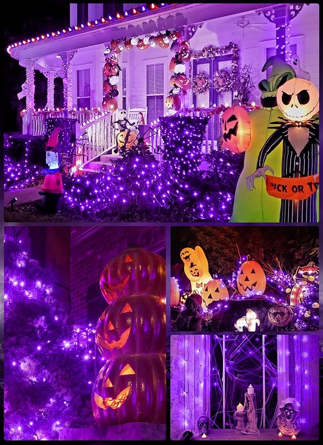 Minetom 2 Pack Solar Halloween Lights Outdoor, Total 80FT 200 LED Halloween String Lights with 8 Modes, Halloween Decoration Outdoor, Waterproof Solar String Lights for Outside Tree Yard Party, Purple