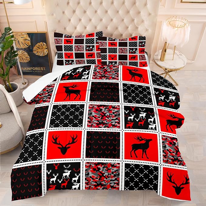 Tailor Shop Deer Comforter Sets for Kids Boys Teens Camo Comforter Sets King Red and Black Bedding Set Room Decor with 2 Pillowcase