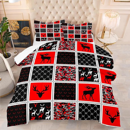 Tailor Shop Deer Comforter Sets for Kids Boys Teens Camo Comforter Sets King Red and Black Bedding Set Room Decor with 2 Pillowcase