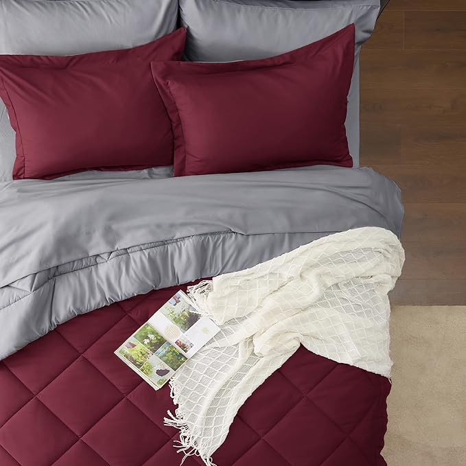 Bedsure Burgundy Full Size Comforter Set - 7 Pieces Reversible Full Bed in a Bag Full Bed Set with Comforters, Sheets, Pillowcases & Shams, Full Bedding Sets