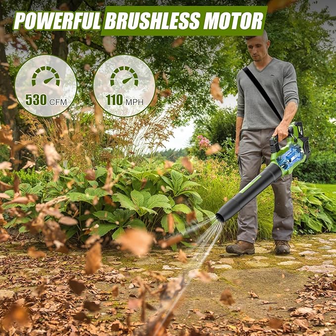 Cordless Leaf Blower - 105 MPH/530CFM, 40V Brushless Electric Leaf Blower with Turbine Fan Technology, 2X 5.0Ah Batteries and Charger with Shoulder Strap for Lawn Care, Yard, Garage Cleaning