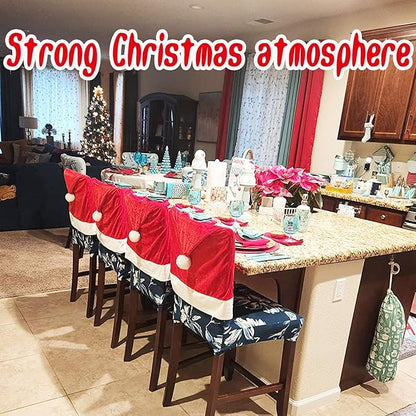 Christmas Chair Covers Set of 4,Red and White Santa Claus Hat Chair Back Covers for Xmas Holiday Festival Indoor Kitchen Bar Counter Stools Decorations Dining Room Table Decor