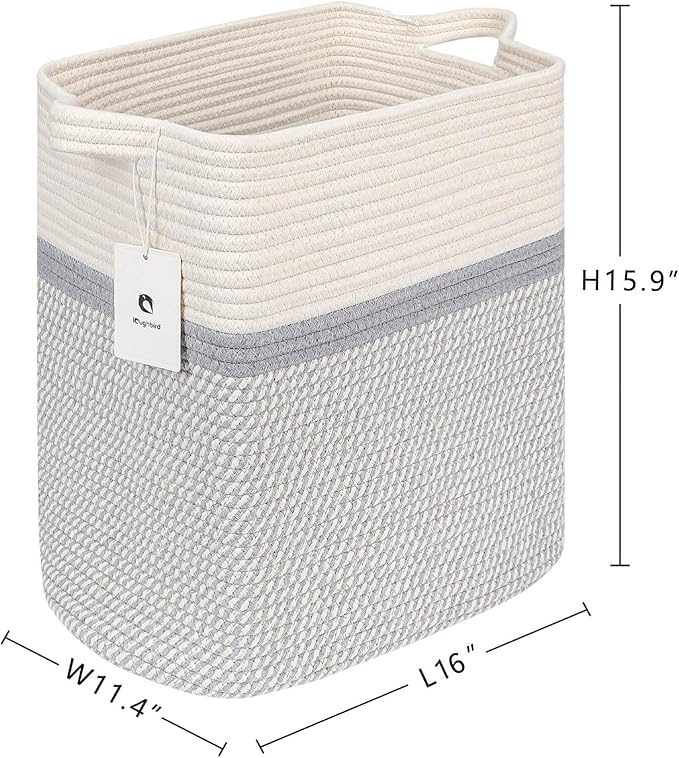 Medium and Large Woven Basket/With Handle, Baskets Laundry Hamper Wicker Tall Cotton Toy Storage Basket,Decorative Basket for Living room,Basket for Toys, 2bag