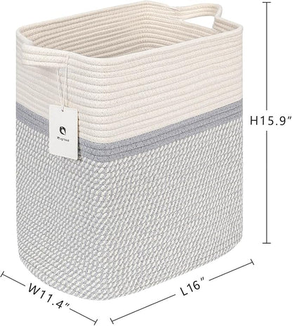 Medium and Large Woven Basket/With Handle, Baskets Laundry Hamper Wicker Tall Cotton Toy Storage Basket,Decorative Basket for Living room,Basket for Toys, 2bag