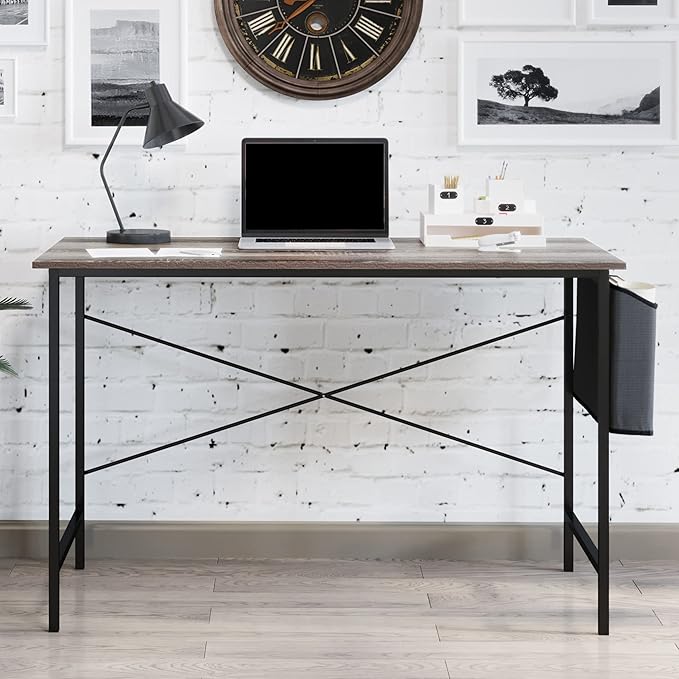 Lavish Home Modern Computer Desk with Industrial Style Woodgrain Look and Steel for Home Office, Bedroom, or Craft Table, with Storage Bag, (L) 47” x (W) 23.5” x (H) 29.5”, Gray