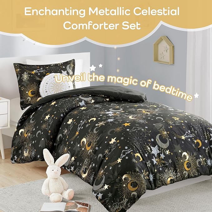 Mi Zone Kids Full Comforter Set, Celestial Metallic Comforter Set Starry Sky, Moon & Sun Comforter, All Seasons Lightweight & Fluffy Comforter Bed Set, 2 Shams, Celia, Full/Queen Charcoal/Gold 4 Piece