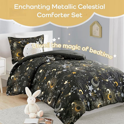 Mi Zone Kids Full Comforter Set, Celestial Metallic Comforter Set Starry Sky, Moon & Sun Comforter, All Seasons Lightweight & Fluffy Comforter Bed Set, 2 Shams, Celia, Full/Queen Charcoal/Gold 4 Piece