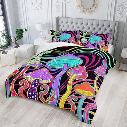 Colorful Mushroom Comforter Set Full Size Kids 3D Mushroom Bedding Set Cute Hippy Theme Quilt Bed Set for Boys Girls Adults with 1 Comforter and 2 Pillowcases