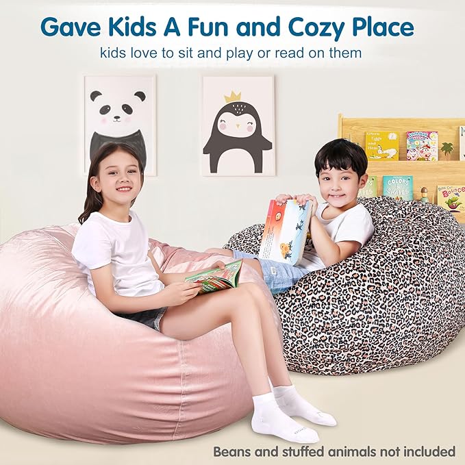 Lukeight Stuffed Animal Storage Bean Bag Chair Cover for Kids, Zipper Beanbag Chair Cover for Organizing Toddler & Kids' Rooms Plush Toys (Leopard Velvet, XX-Large)
