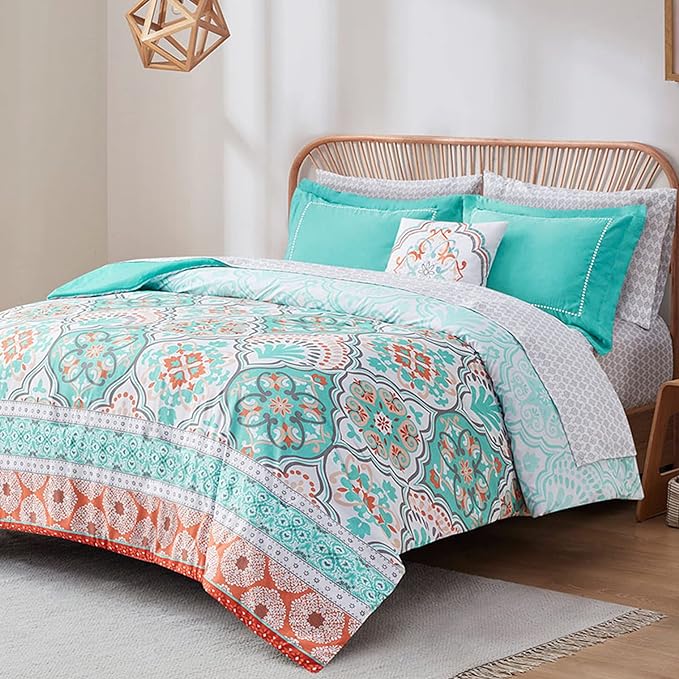 Degrees of Comfort Boho Bed in a Bag Queen Size, Lattice 8 Piece Complete Comforter Set with Sheet for Teenage Girl, Microfiber Teal Bedding Set with Side Pockets, Matching Decorative Pillow, Aqua