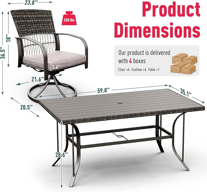 Pamapic 7 Piece Patio Dining Set for 6,Outdoor Wicker Furniture Set for Backyard Garden Deck Poolside with 6 Cushions Swivel Rocker Chairs,Iron Slats Table Top, Removable Cushions(Gray)