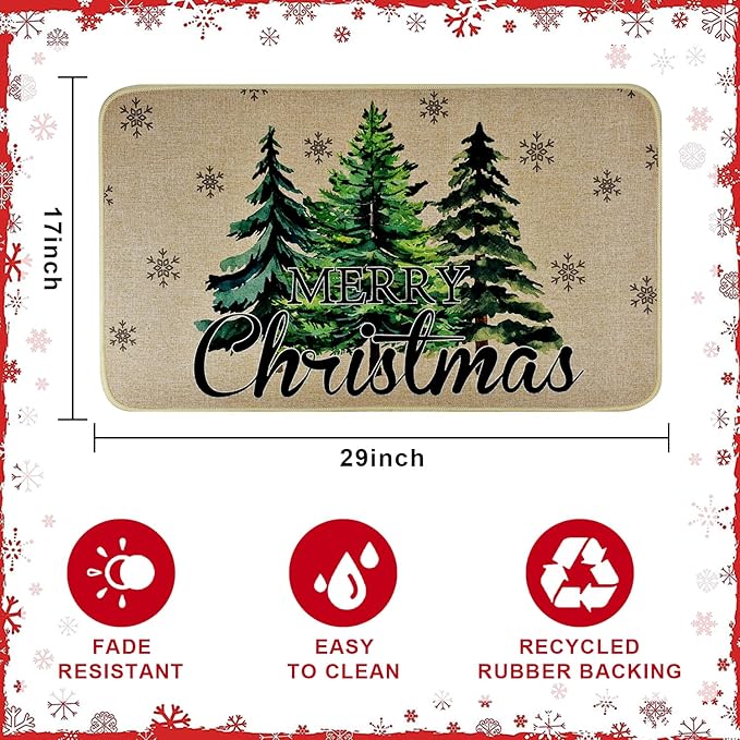 Merry Christmas Door Mat ,Pine Trees Snowflakes Welcome Doormat for Front Door,Non-Slip Winter Xmas Holiday Front Porch Rugs, Indoor Outdoor Entry Doormats Low-Profile Floor Mats,29 x 17 Inch