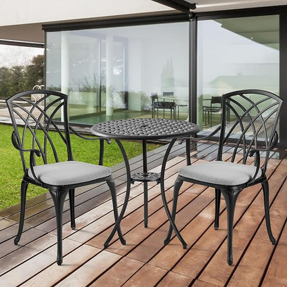 3 Piece Bistro Table Set Cast Aluminum Outdoor Bistro Table and Chairs Set of 2 with Cushion,Patio Bistro Sets with 1.97" Umbrella Hole,Metal Bistro Patio Set for Garden,Black