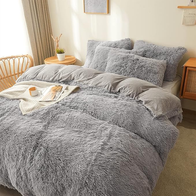 FOPPA Gray Fuzzy Plush Comforter Cover Set Queen - Ultra Soft Plush Gray Bedding Sets 3 Pieces (1 Faux Fur Duvet Cover + 2 Shaggy Pillow case) Fluffy Bed Set (Gray, Queen)