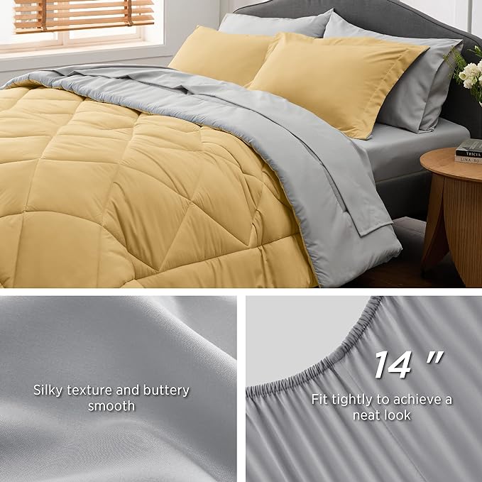 Bedsure Yellow Full Size Comforter Set - 7 Pieces Reversible Full Bed in a Bag Full Bed Set with Comforters, Sheets, Pillowcases & Shams, Full Bedding Sets