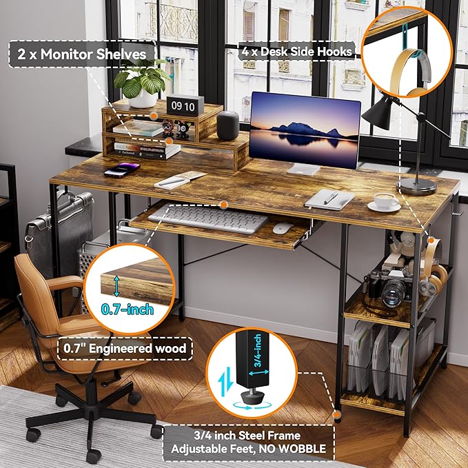 Computer Desk with Keyboard Tray, 55 Inch Music Studio Desk Music Production Desk with Storage Shelves Monitor Stands and 4 Iron Hooks, Desk Workstation Gaming Table for Home Office