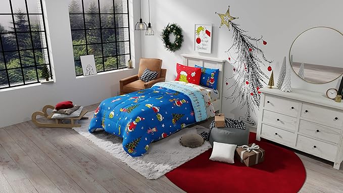Franco Grinch by Dr. Seuss Holiday & Christmas Bedding Soft Comforter and Sheet Set with Sham, 5 Piece Twin Size, (Official Dr. Seuss Product)