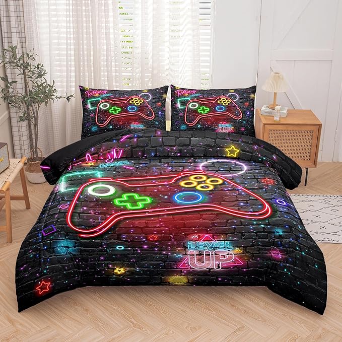 Gamer Comforter Sets for Boys, Full Size Comforter Set for Boys, Boys Bedding Set Full, 5 pcs Bed in A Bag, Gamer Bedding Set with Pillowcase, Flat & Fitted Sheet