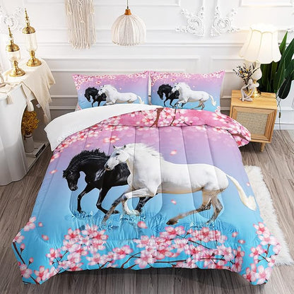 Kid Horse Comforter Set Room Floral Animal Theme Handsome Horse Chic Cherry Blossom Bedding Set 3D Wild Animal Decor Quilt Set for Girls Adult, 1 Comforter + 2 Pillowcases