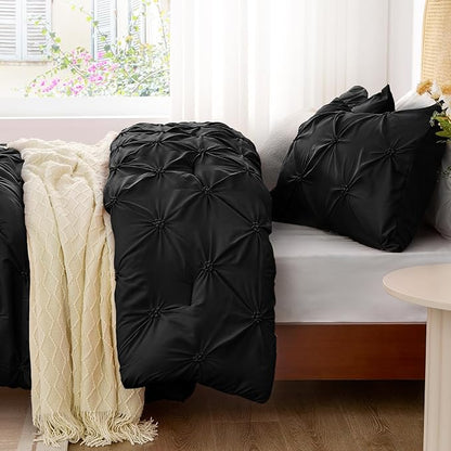 BEDELITE Black King Size Comforter Set - 3 Pieces Boho Pintuck Bedding Comforter Sets, Lightweight Soft & Warm King Bedding Set with 2 Pillowcases for All Season