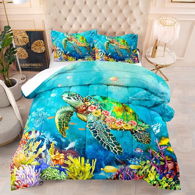 Kids Turtle Rose Comforter Set Twin Beach Theme Jellyfish Starfish Bedding Set Sea Animal Reptile Bed Set with 2 Pillowcases for Boys Girls Room Decor