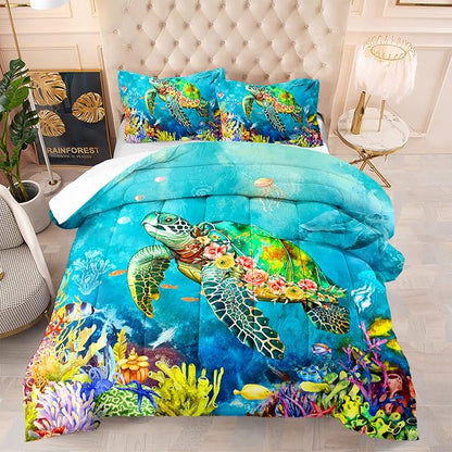 Kids Turtle Rose Comforter Set Twin Beach Theme Jellyfish Starfish Bedding Set Sea Animal Reptile Bed Set with 2 Pillowcases for Boys Girls Room Decor