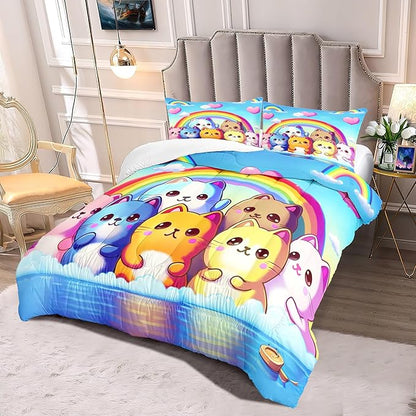 Rainbow Cat Comforter Queen Size - Rainbow Cat Bedding for Girls Room Cute Cartoon Rainbow Bedding Queen Comforter Sets for Kids, 1 Comforter+2 Pillowcases