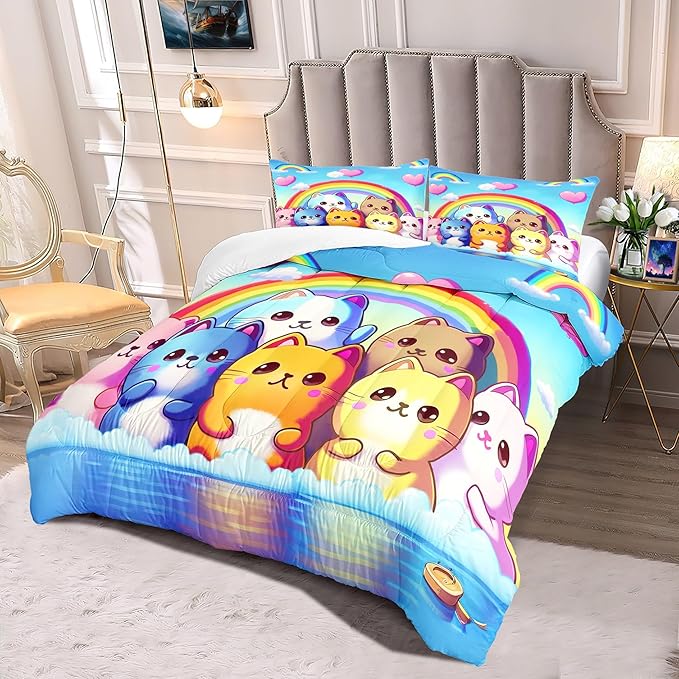 Rainbow Cat Comforter Full Size - Rainbow Cat Bedding for Girls Room Cute Cartoon Rainbow Bedding Full Comforter Sets for Kids, 1 Comforter+2 Pillowcases