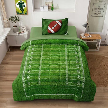 Football Comforter Set Twin Size for Teen Boys, Kids Football Field Bedding Green Themed Bedroom Set with Sheets, Twin Bed in a Bag Set