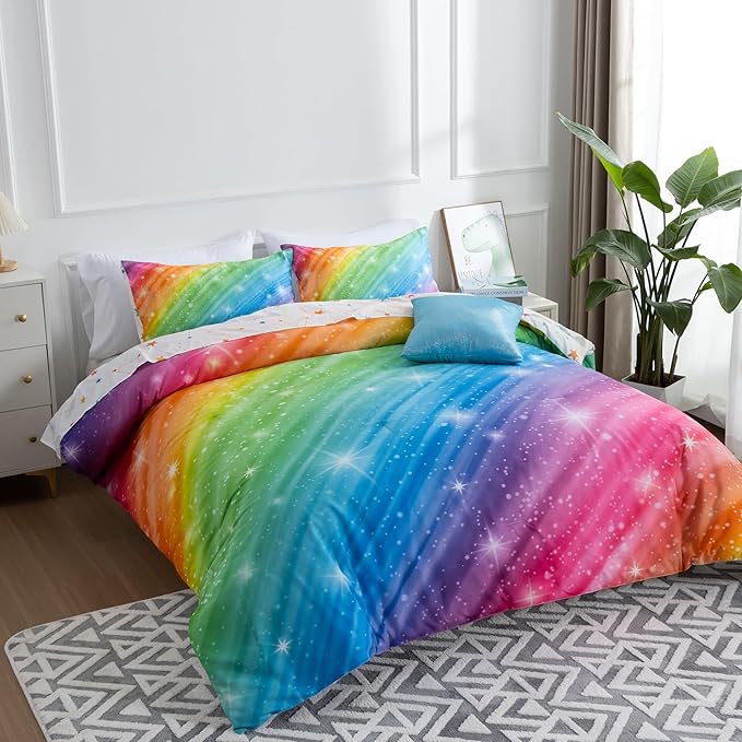 Btargot Super Soft 6 Pieces Gradient Star Ring Comforter Set, Colorful Glitter Rainbow Star Pattern Bedding Set for Boys Girls Teens,Twin Multicolor