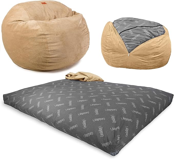 CordaRoy's Chenille Bean Bag Chair, Convertible Chair Folds from Bean Bag to Lounger, As Seen on Shark Tank, Tan - Queen Size