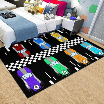 Race Car Rug Kids Play Area Rugs Race Car Track Rug Kids Rug with Roads and Tracks Car Track Carpet Car Rug for Boys Room Race Car Room Decor for Boys,Black 4'5''×6'
