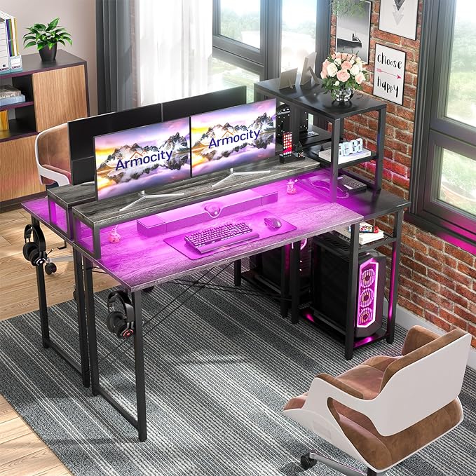 armocity 2024 Upgrade Gaming Desk with LED Lights, Small Computer Desk with Long Monitor Stand, 47.2'' Reversible Laptop Table with Storage Shelves, Small Desk for Small Spaces, Gaming Room, Grey