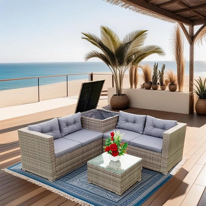 4 Piece Outdoor Furniture Set Wicker Rattan Patio Sectional Sofa with Storage Box and Table for Garden, Backyark, Porch Deck, Balcony, Grey