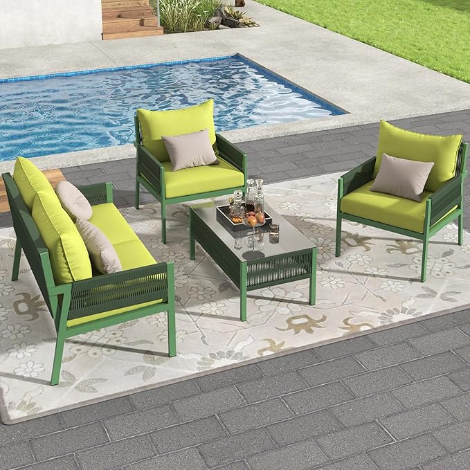 4-Piece Patio Conversation Furniture Set, Rope Weave Outdoor Loveseat Sofa with 2 Armchairs, Thick Cushion&Tempered Glass Table, for Garden Backyard, Onesize, Fluorescent Yellow+Green