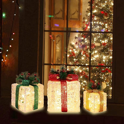 [Large 10"x8.5"x6.5" Christmas Set of 3 Lighted Clear Acrylic Gift Boxes Decorations Pre-lit 70 Super-Bright LED with Flashers,for Indoor Outdoor Pathway Holiday Party Home(Warm White)