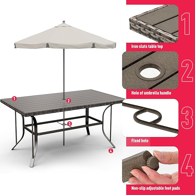 Pamapic 7 Piece Patio Dining Set for 6,Outdoor Wicker Furniture Set for Backyard Garden Deck Poolside with 6 Cushions Swivel Rocker Chairs,Iron Slats Table Top, Removable Cushions(Beige)