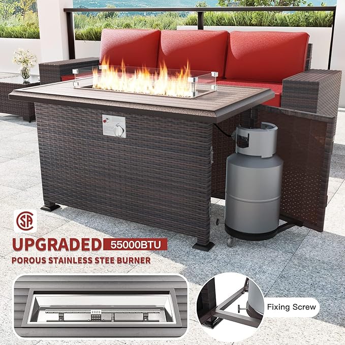 Kullavik 10PCS Outdoor Patio Furniture Set,PE Wicker Rattan Sectional Sofa Patio Conversation Sets with 43" 55000BTU Gas Propane Fire Pit Table,Swivel Rocking Chairs Set,Red