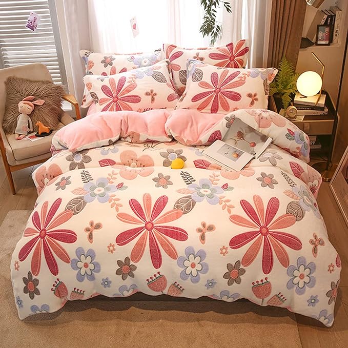 MorroMorn Pink Duvet Cover Queen, Floral Bedding Sets, Comforter Covers Set, Down Alternative Blanket Ultra Soft Kawaii Cute Blooming Flowers for Girls Kids Teen Women Full Double Size