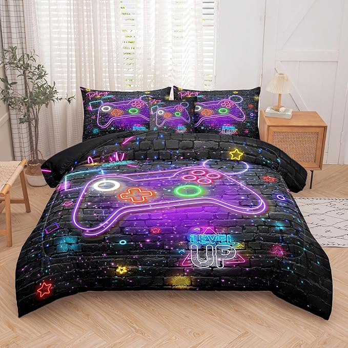 NINENINE Gaming Bedding Sets for Boys,6PCS Queen Size for Boys,Gamer Comforter Kids Teens Bedding Comforter Sheet Set(1Comforter,1Flat Sheet,1Fitted Sheet,1Cushion Cover,2Pillowcases)…