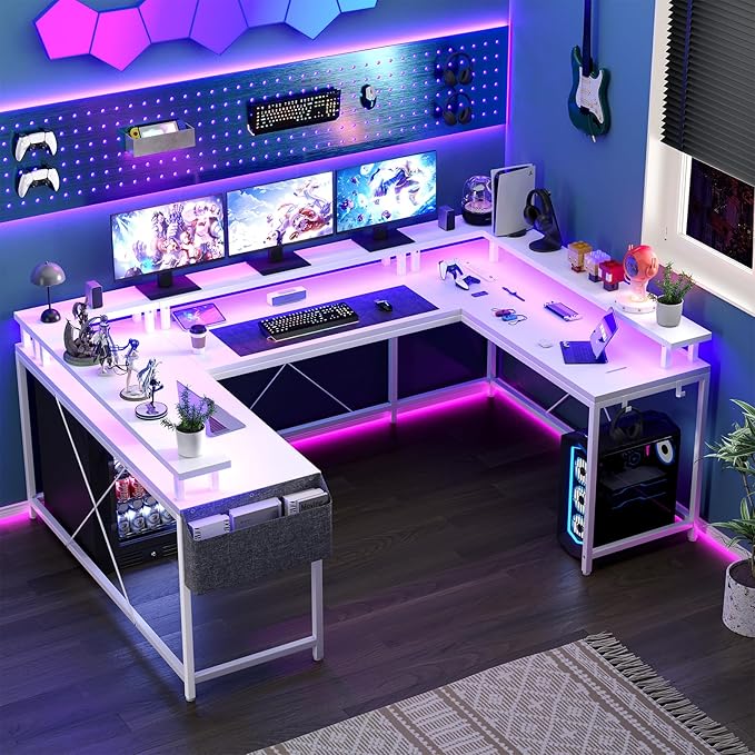 U Shaped Computer Gaming Desk, Reversible L Shaped Desk with Power Outlets, LED Strip & Monitor Stand, Large Corner Desk with Storage Shelves for Home Office, White
