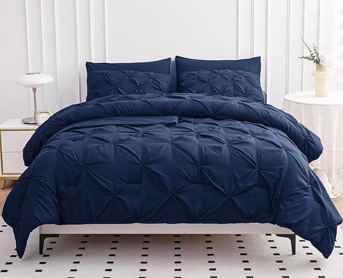 Lane Linen Bedding Comforter Set Full Size, 7 Piece Full Size Bed in a Bag Set, Soft Bedding Sets Full Size, Pintuck Full Bed Set, Full Size Comforter Sets with Sheets, Pillowcases & Shams - Navy Blue