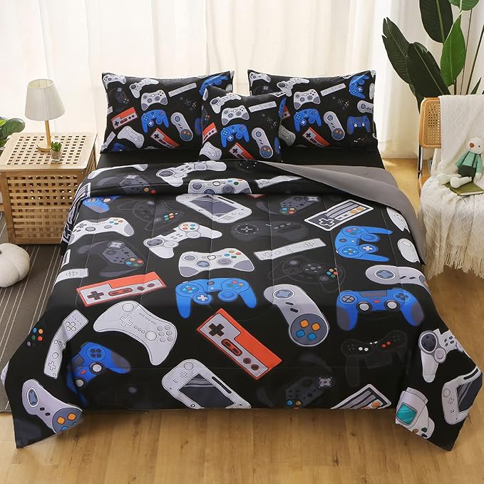 JQinHome Twin Gamer Comforter Set for Boys,6 Piece Bed in A Bag 3D Video Game Bedding -All Season Soft Microfiber Down Alternative Comforter Gamer Bedding Sets for Kids