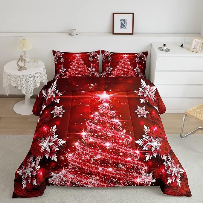 Feelyou Christmas Tree Comforter Set for Children Kids Boys Girls Luxury Chic Xmas Theme Bedding Set Glitter Snowflake Star Comforter Microfiber Red Duvet Set Room Decor Quilt Set Queen Size