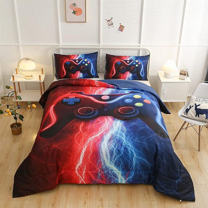 Meeting Story Gamer Gaming Bedding Sets Tie Dye Lightnings Gamepad Comforter Set for Boys Games Console Action Buttons Novelty Colorful Modern Room Decor Home Quilt Set (Queen, Red-Blue)